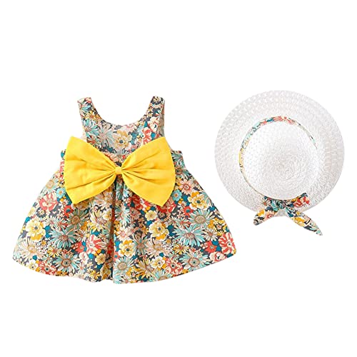 Baby Mädchen Kleidung Kleinkind Schöne Sommer Ärmellos Blumen Schleife Prinzessin Tütü Kleid A Linien Schaukel Sommerkleid+Stroh Hut 1. Geburtstag Babykleidung Festliches Taufkleid Gelb 12-18 Monate von Odizli