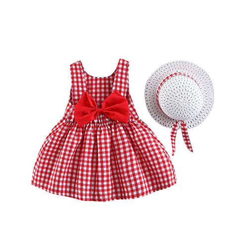 Baby Mädchen Kleidung Kleinkind Schöne Sommer Ärmellos Schleife Prinzessin Tütü Kleid A Linien Schaukel Sommerkleid+Stroh Hut 1. Geburtstag Babykleidung Festliches Taufkleid Rot 18-24 Monate von Odizli