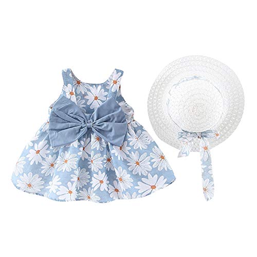 Baby Mädchen Kleidung Kleinkind Schöne Sommer Ärmellos Schleife Prinzessin Tütü Kleid A Linien Schaukel Sommerkleid+Stroh Hut 1. Geburtstag Babykleidung Festliches Taufkleid Blau Weiß 12-18 Monate von Odizli