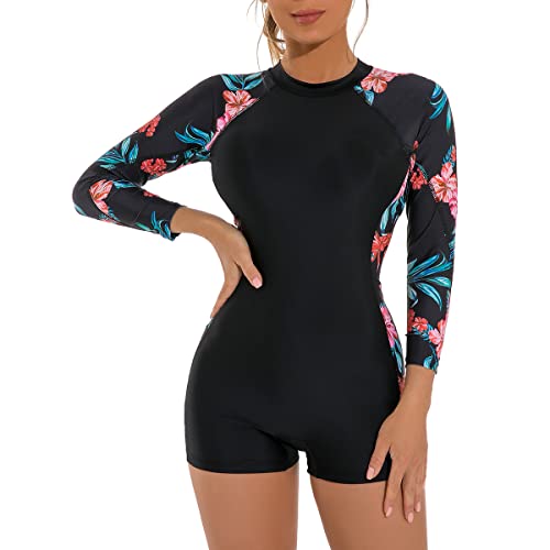 Badeanzug mit Bein Schwimmanzug Damen Burkini Muslimische Islamische Muslim Frauen Langarm/Kurzarm Blumen Druck Zip Up Neopren Kurz Neoprenanzug Rashguard Surfer Bademode Surfanzug Schwarz #5 L von Odizli