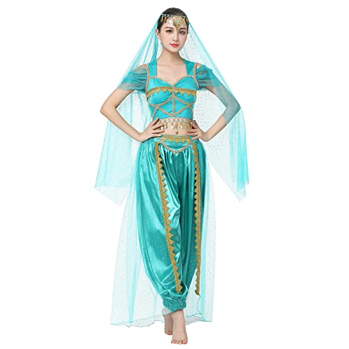 Bauchtanz Kostüm Damen Crop Top + Laterne Hosen Belly Dancer Outfit Erwachsene Aladin Jasmin Prinzessin Verkleidung Sari Indianer Wahrsagerin Cosplay Halloween Karneval Faschingskostüme Grün L von Odizli