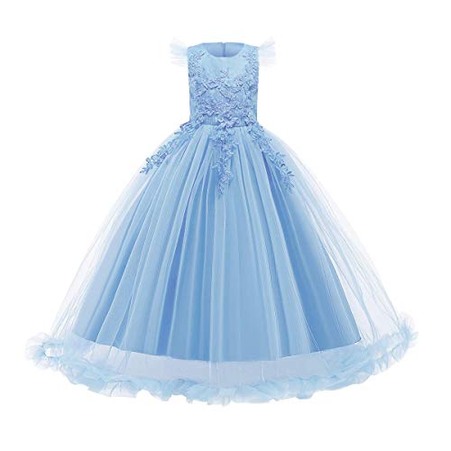 Blumenmädchenkleid Prinzessin Kleid Mädchen Kinder Party Boho Tüllkleid Erstkommunion Hochzeit Brautjungfer Puffy Langes Abendkleid Geburtstag Festliche Weihnachten Ballkleid Himmelblau 13-14 Jahre von Odizli