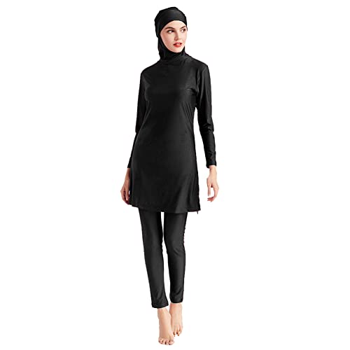 Burkini Damen Muslim Lang Große Größen Frauen Muslimische Badeanzug Bademode Islamische Arabische Jilbab Langarm UV Shirt+Badehose+Badekappe Hijab Kopftuch Khimar 3tlg Schwimmanzug Schwarz 2XL von Odizli