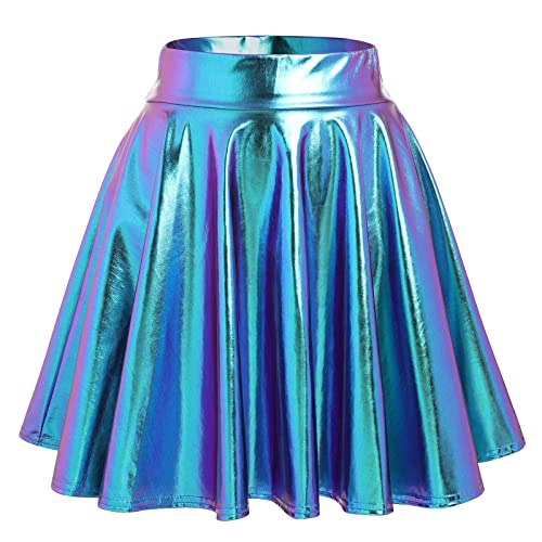 Damen 80er 90er Tellerrock Frauen Lack Lederrock Wetlook Holographic Mini Skater Kurz Rock Metallic Glitzer Faltenrock Neon Party Karneval Fasching Rave Outfit Space Alien Kostüm Laserblau S von Odizli