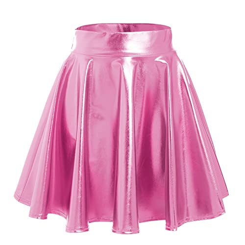 Damen 80er 90er Tellerrock Frauen Lack Lederrock Wetlook Holographic Mini Skater Kurz Rock Metallic Glitzer Faltenrock Neon Party Karneval Fasching Rave Outfit Space Alien Kostüm Rosa XL von Odizli