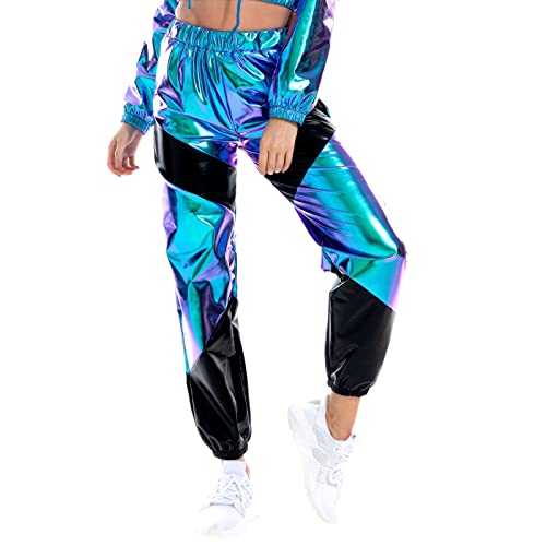 Damen Metallic Hose Glitzer Wetlook Cargohose Sporthose 80er 90er Jahre Kleidung Outfit Hologramm Hip Hop Leggings Jogginghose Sweathose Tanzhosen Party Disco Festival Rave Clubwear Blau Schwarz M von Odizli