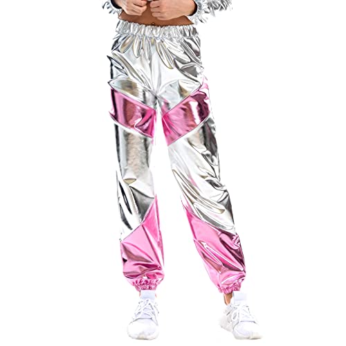 Damen Metallic Hose Glitzer Wetlook Cargohose Sporthose 80er 90er Jahre Kleidung Outfit Hologramm Hip Hop Leggings Jogginghose Sweathose Tanzhosen Party Disco Festival Rave Clubwear Silber Rosa M von Odizli