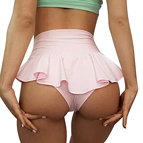 Damen Shorts Pole Dance Outfit Sexy Rüschen Hot Pants High Waist Figurformend Shaping Mini Tight Bikini Shorts Sommer Kurze Hose Sweatpants Laufshorts Jogginghose Yoga Training Gym Fitness Rosa S von Odizli