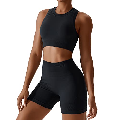 Gym Set Damen Zweiteiler Frauen Sport BH Oberteile Crop Tops+High Waist Shorts Workout Outfit Yoga Kleidung Sportanzug Sportkleidung Fitness Bekleidung Sportsachen Trainingsanzug Schwarz Shorts L von Odizli