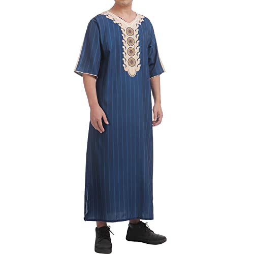 Kaftan Herren Abaya Muslimische Kleider Arabische Islamische Kleidung Gebetskleidung für Männer Tunika Nachthemd Dubai Robe 3/4 Ärmel V-Ausschnitt Streifen Print Lose Lang Thobe Marineblau 02 XXL von Odizli