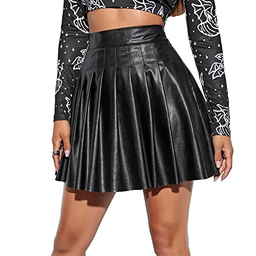 Lederrock Damen Sexy Wetlook PU Leder Minirock High Waist Kurz Röcke Mini Rock Faltenrock Plisseerock Frauen Rave Festival Outfit Schwarz XXL von Odizli