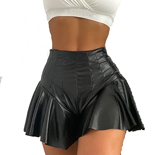 Ledershorts Damen Sexy Wetlook Lack und Leder Mini Lederrock Shorts Frauen Hotpants Festival Rave Techno Pole Dance Outfit Lara Croft Kostüm Halloween Karneval Party Faschingskostüme Schwarz 10 XL von Odizli