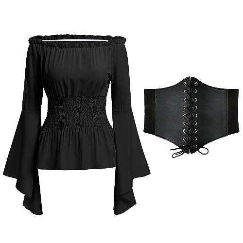 Mittelalter Bluse Damen Gothic Steampunk Korsett Oberteil Langarm Off Shoulder Viktorianisches Renaissance Kleidung Piratenkostüm Wikinger Kostüm Halloween Karneval Faschingskostüme Schwarz+Gürtel L von Odizli