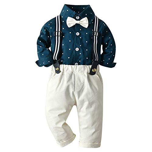 Neugeborenen Baby Jungen kinder kleidung Langarm Hemd+Hosenträger+Fliege+Hosen 4tlg Bekleidungssets Gentleman Festliche Taufe Geschenk Geburtstagsparty Anzug Set Fotoshooting Blau+Weiß 18-24 Monate von Odizli