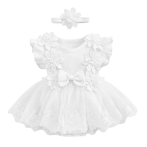 Odizli 1 Geburtstag Mädchen Outfit Kurzarm Strampler Kleid Blume Spitze Tüllkleid+Stirnband Kleidung Sommer Babykleidung Neugeborene Erstausstattung Babysachen Set Baby Fotoshooting Weiß 12-18 Monate von Odizli