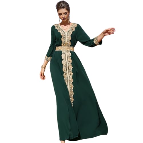 Odizli Abaya Muslim Damen Gebetskleidung Frauen Muslimische Islamische Elegant Langarm V-Ausschnitt Blumen Spitze Stickerei Strass Lang Kleid Hochzeitsgäste Hochzeit Festlich Abendkleid Dunkelgrün XXL von Odizli