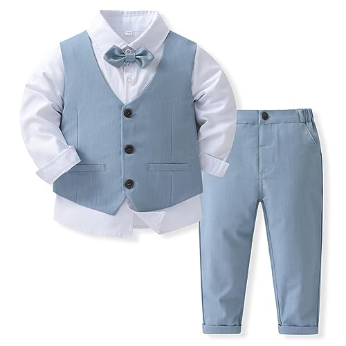 Odizli Anzug Kinder Jungen Festlich Hochzeit Einschulung Kleidung Set Gentleman Langarm Hemd + Weste + Hose + Fliege 4tlg Outfit Geburtstag Taufkleidung Herbst Kinderanzüge Hellblau 12-18 Monate von Odizli