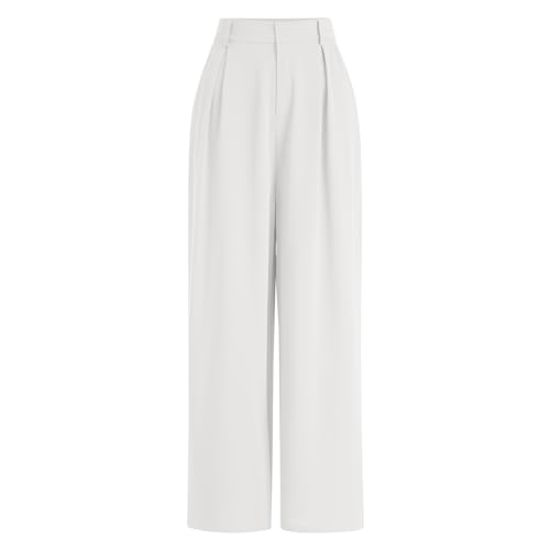 Odizli Anzughose Damen Stoffhose Elegant High Waist Baggy Culottes Palazzo Hosenrock Lang Wide Leg Weite Hose Sommer Marlenehose Bundfaltenhose Business Festlich Schlupfhose mit Taschen Weiß XXL von Odizli