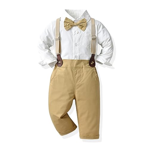 Odizli Baby Anzug Junge Hochzeit Festlich Kinder Langarm Hemd+Fliege+Hosenträger+Hose 4tlg Kleidung Set Bekleidungssets Taufanzug Taufkleidung Einschulung Outfit Kinderanzüge Khaki 12-18 Monate von Odizli