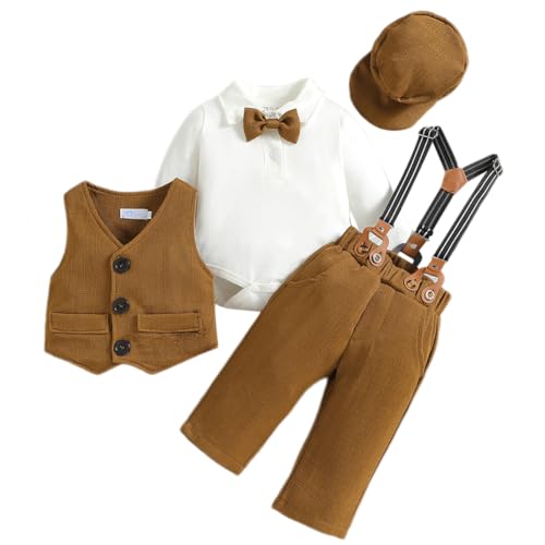 Odizli Baby Anzug Junge Taufanzug Langarm Strampler Body+Hosenträger Hose+Weste+Fliege+Mütze 5tlg Bekleidungssets Hochzeit Festlich Babykleidung Taufbekleidung Fotoshooting Khaki 0-6 Monate von Odizli