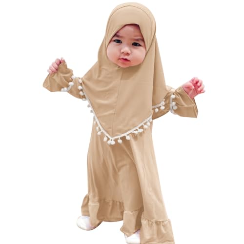 Odizli Baby Mädchen Gebetskleidung Abaya Muslim Muslimische Islamische Langarm Kleider Hijab Arabisch Türkische Robe Jilbab Khimar Kaftan Ramadan Burka Lang Gebetskleid Khaki-Pompoms 2-3 Jahre von Odizli