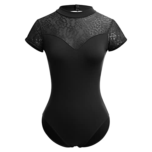 Odizli Ballettkleidung Damen Kurzarm V-Ausschnitt Spitze Rückenfrei Body Bodysuit Ballett Trikot Tanzbody Tanztrikot Turnanzug Ballerina Gymnastikanzug mit BH-Pad Schwarz #1 XXL von Odizli