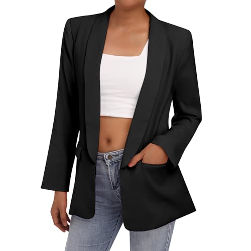 Odizli Blazer Damen Elegant Sportlich Jackett Lang Blaser Jacke Sweatblazer Sommer Leicht Jersey Oversize Longblazer mit Tasche Langarm Casual Cardigan Business Anzug Schwarz M von Odizli