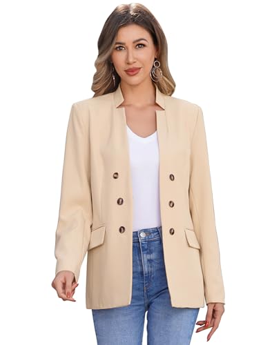 Odizli Blazer Damen Elegant Sportlich Jackett Stehkragen Knopf Lang Blaser Jacke Sweatblazer Sommer Leicht Jersey Oversize Longblazer mit Tasche Langarm Casual Cardigan Business Anzug Khaki XL von Odizli