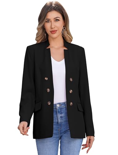 Odizli Blazer Damen Elegant Sportlich Jackett Stehkragen Knopf Lang Blaser Jacke Sweatblazer Sommer Leicht Jersey Oversize Longblazer mit Tasche Langarm Casual Cardigan Business Anzug Schwarz L von Odizli