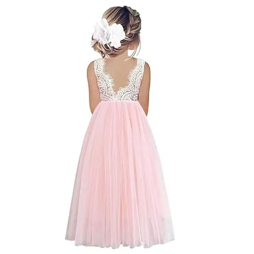 Odizli Blumenmädchenkleider Prinzessin Kleid Mädchen Kinder Ärmellos Spitze Rückenfreies A-Linie Tüllkleid Festlich Hochzeit Erstkommunion Geburtstag Abendkleid Lang Ballkleid Rosa #A 2-3 Jahre von Odizli