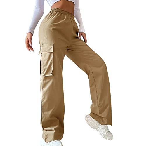 Odizli Cargohose Damen Baggy High Waist Y2K Fallschirm Hose Vintage Parachute Pants Hip Hop Freizeithose Klamotten Teenager Mädchen 90er E-Girl Streetwear Frauen Cargo Hosen mit Taschen Khaki L von Odizli