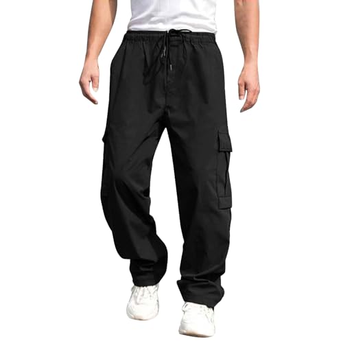 Odizli Cargohose Herren Baggy Lang Cargo Hose Vintage Kordelzug Parachute Pants Track Hip Hop Freizeithose Jogginghose Trainingshose Sommerhose Streetwear mit Taschen Schwarz M von Odizli