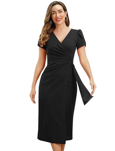 Odizli Cocktailkleid Damen Damenkleider Elegant Kurzarm V Ausschnitt Wickelkleid Bodycon Etuikleid Midikleid Hochzeit Festlich Hochzeitsgast Kleid Abendkleid Ballkleid Abschlusskleid Schwarz XXL von Odizli