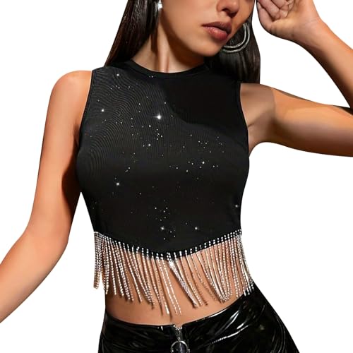 Odizli Crop Tops Damen Elegant Sexy Y2K Sommer Ärmellos Glitzer Strass Fringe Bauchfreie Gerippte Tank Oberteil Tanktop Teenager Mädchen Festival Rave Techno Pole Dance Party Outfit Schwarz-Glitzer XL von Odizli