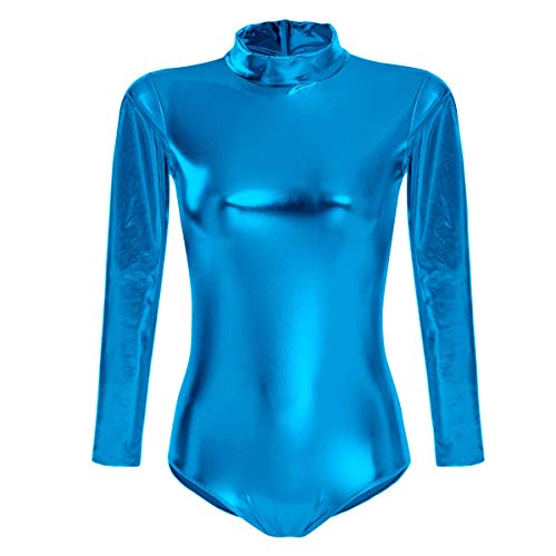 Odizli Damen Langarm Leder Lack Body Catsuit Wetlook Gymnastikanzug Top Ballett Trikot Turnanzug Ballettanzug Ballettkleidung Glänzende Metallic Einteiler Sport Ballettbody Oberteile Kostüm Blau L von Odizli