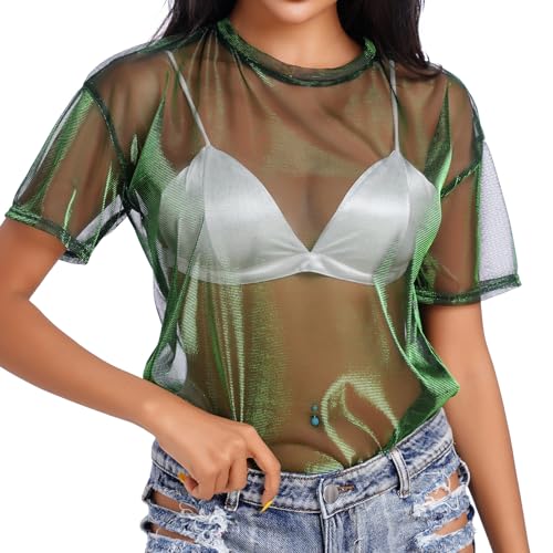 Odizli Festival Outfit Damen Rave Techno Curvy Sexy Durchsichtiges Transparent Mesh Netzoberteil Netzshirt Netz Oberteil Frauen Top 80er Neon Party Streetwear Hip Hop Kleidung Clubwear Grün L von Odizli