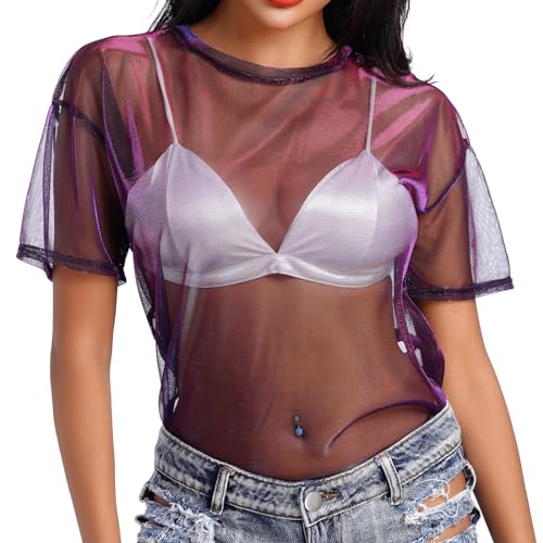 Odizli Festival Outfit Damen Rave Techno Curvy Sexy Durchsichtiges Transparent Mesh Netzoberteil Netzshirt Netz Oberteil Frauen Top 80er Neon Party Streetwear Hip Hop Kleidung Clubwear Lila M von Odizli