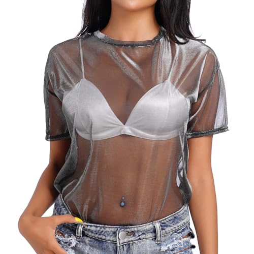 Odizli Festival Outfit Damen Rave Techno Curvy Sexy Durchsichtiges Transparent Mesh Netzoberteil Netzshirt Netz Oberteil Frauen Top 80er Neon Party Streetwear Hip Hop Kleidung Clubwear Schwarz M von Odizli