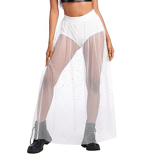 Odizli Festival Outfit Damen Rave Techno Sexy 2 in 1 Transparent Mesh Rock Shorts High Waist Maxirock Y2K Glitzer Dot Pailletten Gothic Tüllrock Teenager Mädchen Party Streetwear Clubwear Weiß#A M von Odizli