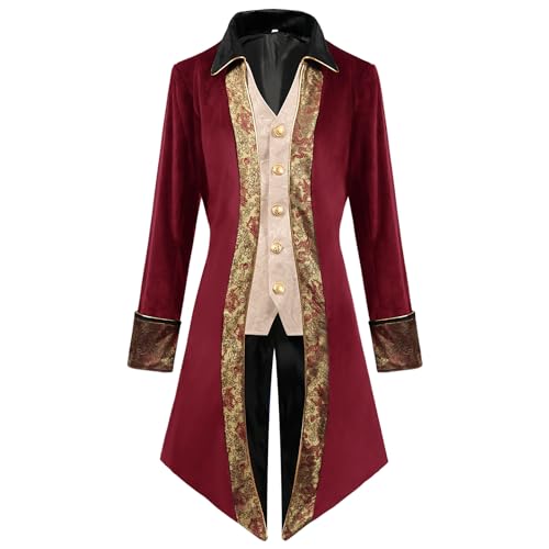 Odizli Frack Herren Steampunk Mittelalter Kleidung Gothic Gehrock Smoking Mantel Jacke Männer Vikings Piraten Vampir Kostüm Viktorianisches Renaissance Halloween Karneval Faschingskostüme Rot-B 3XL von Odizli