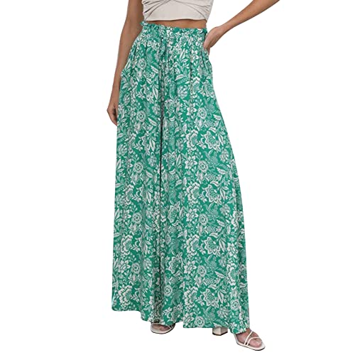 Odizli Hosenrock Damen Lang Boho Blume Chiffon Weite Hose Palazzo Schlaghose High Waist Culotte Baggy Strandhose Leicht Sommerhose Locker Marlenehose Haremshose Freizeithose Stoffhose Grün Blume XL von Odizli