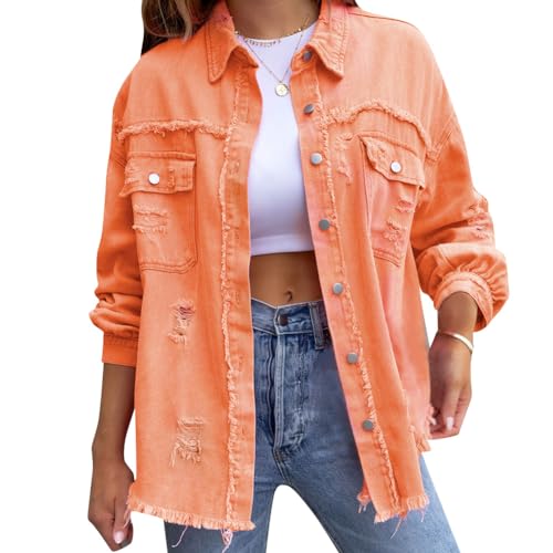 Odizli Jeansjacke Damen Lang Oversize Vintage Langarm Mode Ripped Fransen Jeanshemd Boyfriend Cowgirl Denim Jeans Jacken Frühling Herbst Coat Outwear Orange M von Odizli