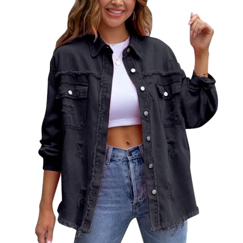 Odizli Jeansjacke Damen Lang Oversize Vintage Langarm Mode Ripped Fransen Jeanshemd Boyfriend Cowgirl Denim Jeans Jacken Frühling Herbst Coat Outwear Schwarz L von Odizli