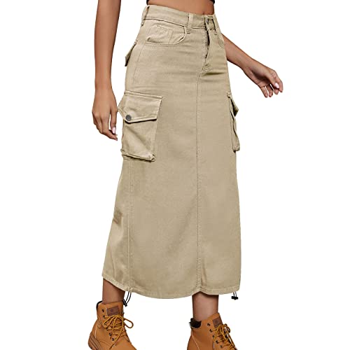 Odizli Jeansrock Damen Lang Y2K Cargo Rock Vintage Denim Kordelzug Rüschen High Waist Bleistift Midi Maxi Röcke Klamotten Teenager Mädchen Frauen Sommer Casual Streetwear mit Taschen Khaki #1 L von Odizli