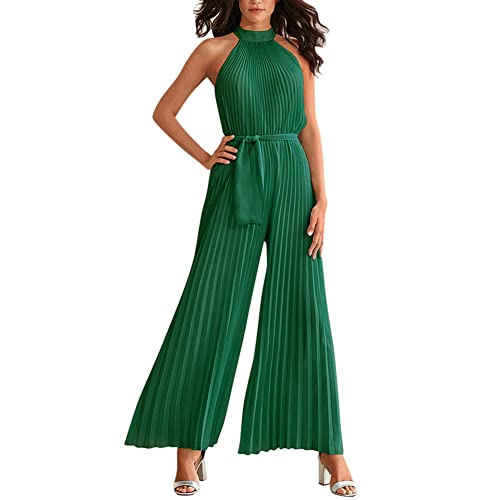 Odizli Jumpsuit Damen Elegant Hochzeit Lang Sexy Ärmellos Neckholder Plissee Weite Hose Sommer Overall Frauen Festlich Hochzeitsgäste Party Business Hosenanzug Playsuit Romper Große Größen Grün L von Odizli