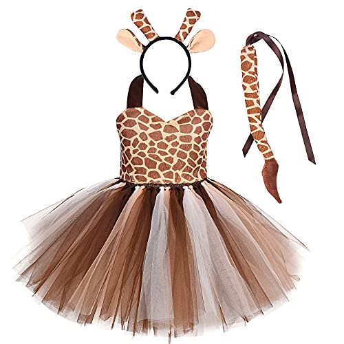 Odizli Kinder Baby Mädchen Tier Kostüme Tiger/Leopard/Kuh/Zebra/Giraffe Cosplay Tüllkleid mit Ohren Haarreif Schwanz 3tlg Weihnachten Halloween Karneval Geburtstag Partykleid Giraffe 9-10 Jahre von Odizli