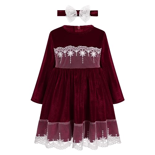 Odizli Kleider für Mädchen Kinder Baby Herbst Winter Langarm Samt Spitze Samtkleid + Stirnband Geburtstag Outfit Festlich Hochzeit Einschulung Weihnachten Taufkleid Freizeitkleid Weinrot 18-24 Monate von Odizli