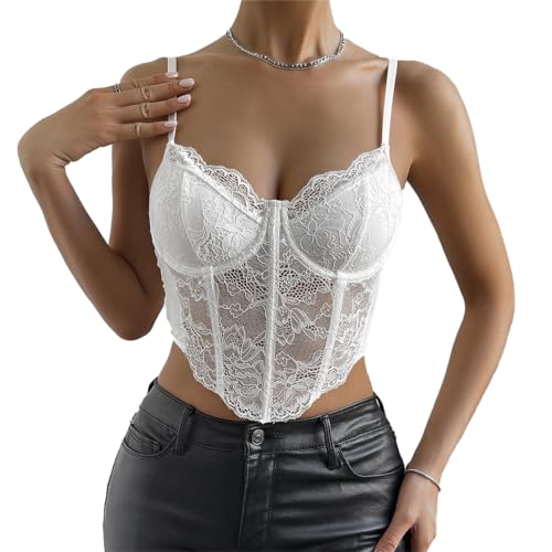 Odizli Korsett Damen Sexy Spitzen Oberteile Spitzentop Spaghetti Rückenfreies Bauchfreies Corset Crop Tops Bralette Bh Corsage Aesthetic Frauen Fashion Sommer Rave Festival Party Corsette Weiß L von Odizli