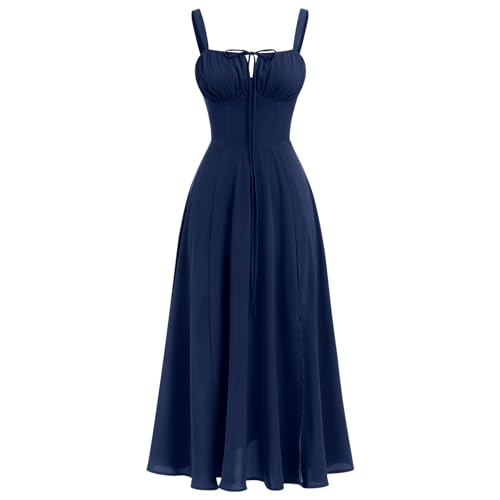 Odizli Korsett Kleid Damen Sommer Sexy Ärmellos Spaghettiträger Midi Kleid mit Schlitz Lang Sommerkleid Festlich Hochzeitsgäste Hochzeit Ballkleid Lang Abendkleid Abschlusskleid Dunkelblau M von Odizli