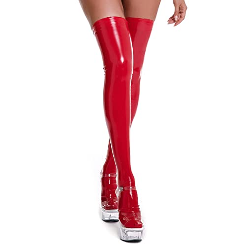 Odizli Latex Strümpfe Lang Damen Lack und Leder Sexy Wetlook Halterlose Overknees Strümpfe Rot Socken L von Odizli